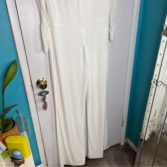 Club L London Fallon  flared leg jumpsuit with long mesh sleeves neck wrap - Picture 13 of 16